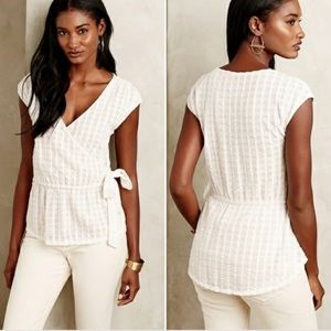 Anthro DELETTA Malpalo Peplum Top Blouse Shirt Ivory Nude Wrap Tie Side Grid